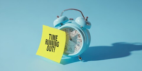 The alarm clock with sticky note warning time running out on blue background