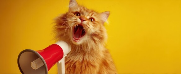 The Cat with a Megaphone Yelling on a Bright Yellow Studio Background