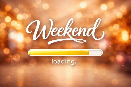 Weekend loading concept with golden bokeh lights and elegant script typography