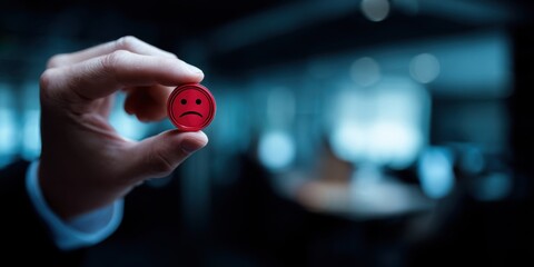 The red sad emoji token held between fingertips in blurred corporate office background