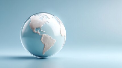 Fototapeta premium Stylized Digital Globe of Earth Featuring Textured North and South America Within a Translucent Sphere, Resting on a Light Blue Gradient Background, Symbolizing Global Communication