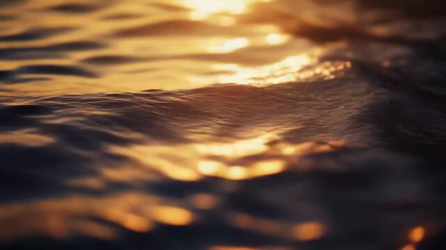 Water surface creating abstract patterns and ripples, capturing the warm glow of golden sunlight reflecting on the liquid texture at sunset or sunrise, evoking feelings of peace and serenity