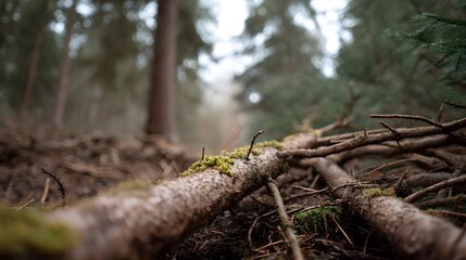 Fototapeta premium Fallen tree branches covered in green moss lie on the forest floor with a blurred background