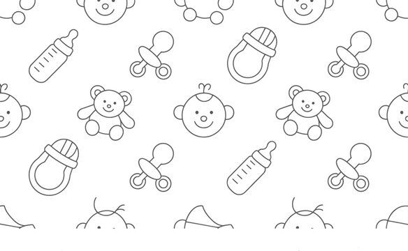 Abstract background showcasing a repeating pattern comprised of simple black outline drawings representing baby bottles, cute teddy bears, smiling babies, and small pacifiers scattered randomly.