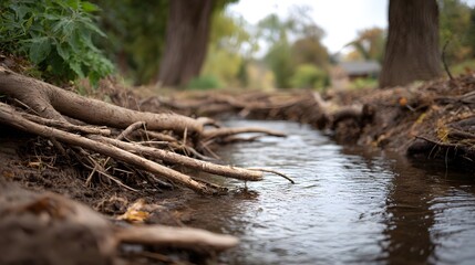 Obraz premium A shallow stream flows alongside a bank covered with exposed tree roots and fallen branches in a natural setting