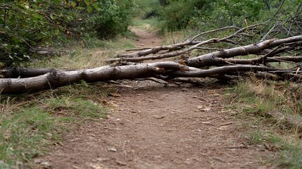 Fototapeta premium A dirt trail through a forest is obstructed by a barrier of fallen tree branches