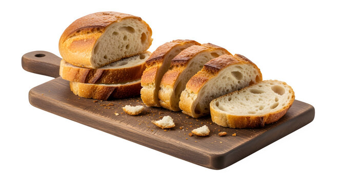 Freshly baked bread slices on wooden cutting board, isolated on white or transparent background. PNG