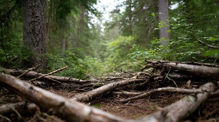 Fototapeta premium A forest trail covered with numerous fallen branches and logs amidst dense greenery