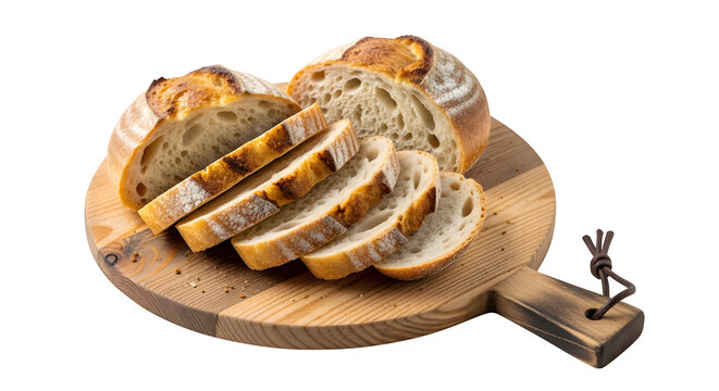 Freshly baked bread slices on wooden cutting board, isolated on white or transparent background. PNG