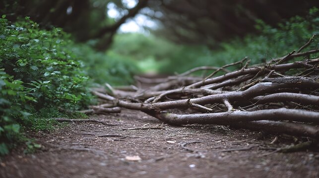 A dirt path through a lush forest is partially blocked by fallen branches creating a natural obstacle on the trail