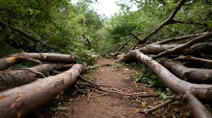 Obraz premium A forest trail is obstructed by numerous fallen tree branches and logs creating a difficult path