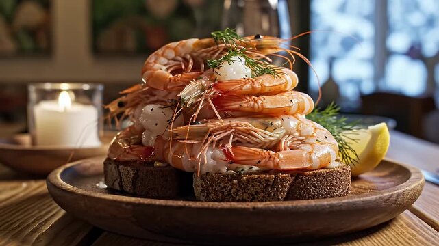 Shrimp Toast Appetizer - A wooden plate displays two pieces of rye bread topped with a tower of cooked shrimp and fresh dill, accompanied by a wedge of lemon.