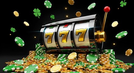 Slot machine jackpot win with gold coins and dollar bills falling in casino success celebration