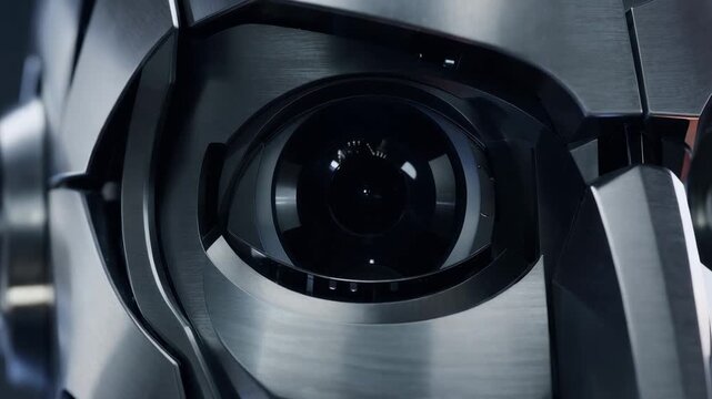 Close view of humanoid robot eye with metallic facial structure
