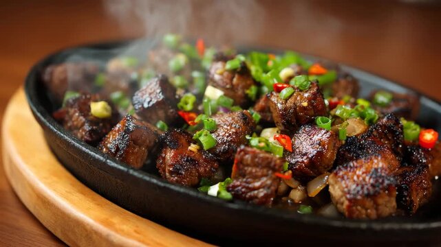 Grilled beef cubes on hot sizzling plate
