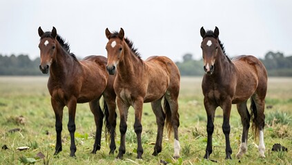 Fototapeta premium Three young horses stand in a grassy field with a blurred background in rural scenery