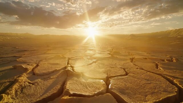 A stunning display of a cracked dry landscape under the vibrant sunset, symbolizing climate change and drought.