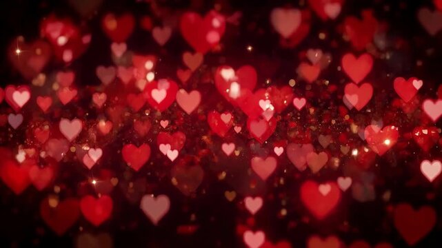 Romantic abstract background with colorful glowing hearts against dark black background with glowing highlights. Feeling of love and warmth. Saint Valentine's day.
