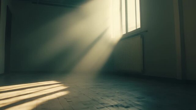 Sunlight beam entering a dusty, empty room through a window, illuminating floating particles and casting long shadows on the wooden floor, creating a sense of hope and new beginnings