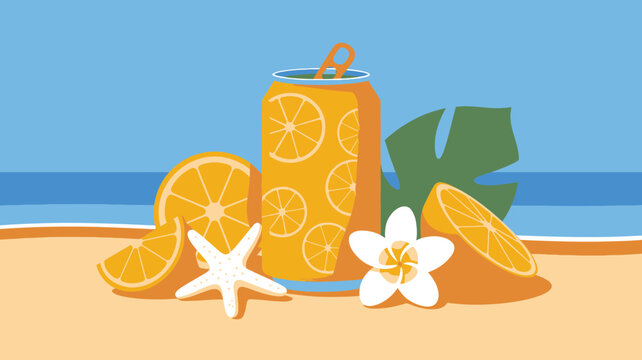 Refreshing orange drink can with citrus slices starfish tropical leaf on sunny sandy beach by ocean