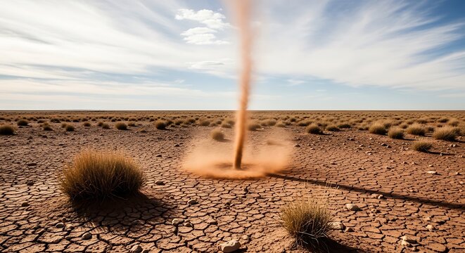 Dust devil twirling across arid cracked earth under cloudy sky