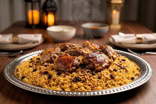 Traditional Arabic lamb kabsa steaming on a silver platter for a festive Iftar dinner celebration on a wooden table with glowing lanterns