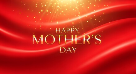 Happy Mother's Day greeting card with golden text on red silk fabric background