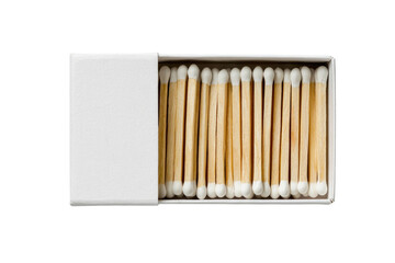 White matchbox, filled with wooden matches,  with white heads, top-down view