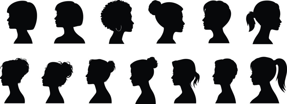 Collection of diverse female head and shoulder silhouettes with various hairstyles woman profile