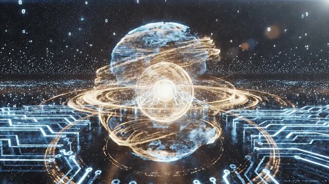Futuristic Digital Technology Sphere - A glowing, transparent sphere with intricate circuits and pathways is the focal point of this digital artwork, set against a background of binary code and