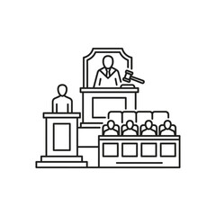 Courtroom scene icon with judge, lawyer, and jury, depicting a legal trial and judicial process.