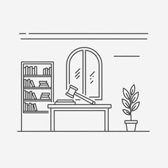 Lawyer's office scene icon with desk, gavel, books, and plant, suggesting legal practice and study.