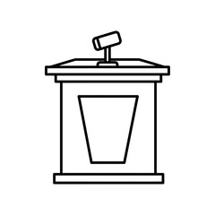 Podium icon with microphone, representing public speaking, legal arguments, or presentation.