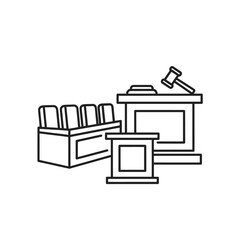 Courtroom scene icon with judge's bench, jury box, and witness stand, depicting a trial setting.