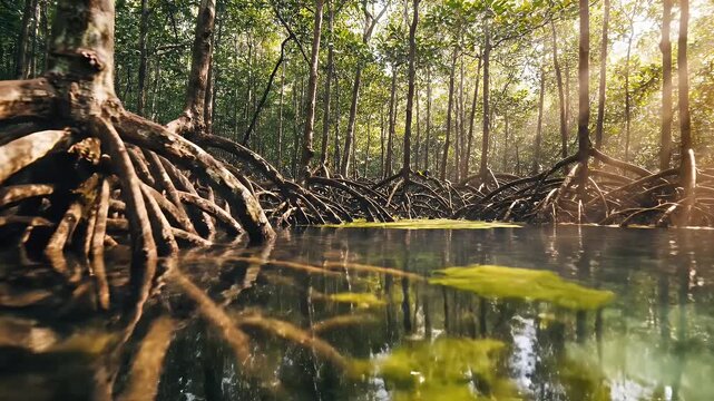 Vibrant Mangrove Ecosystem - This video captures a striking view of a mangrove forest, showcasing intricate root structures both above and below the clear water surface.