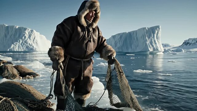 Arctic Fisherman Harvesting Nets on Icy Waters - An individual dressed in traditional, fur-lined attire is seen tending to fishing nets on the icy surface near massive icebergs.