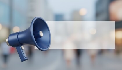 A blue megaphone stands prominently against a softly blurred urban background featuring a translucent blank text box