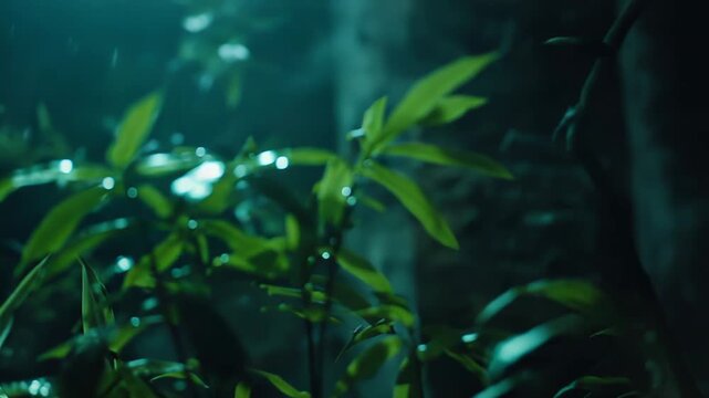 Lush green foliage with vibrant leaves catches falling raindrops, creating a fresh, moody, and revitalizing scene of nature thriving in a nocturnal environment