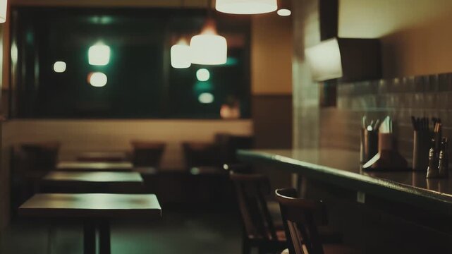 Empty restaurant or cafe interior featuring blurred background lights and a row of tables and chairs, creating a calm and inviting atmosphere in the evening