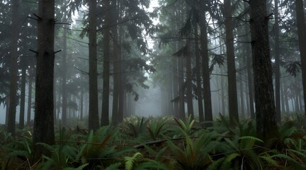 Fototapeta premium Misty forest landscape with ferns growing on the ground during a foggy day
