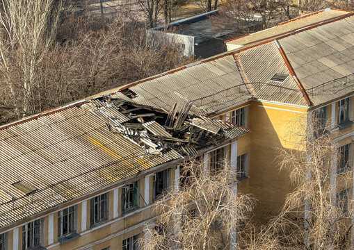 Damaged roof of a residential building following military conflict, Donetsk Oblast, Donetsk, Ukraine