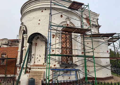 War damages on Nikolo Vasilyevsky Monastery, Donetsk Oblast, Nikolskoye, Ukraine