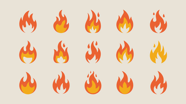 A collection of six stylized orange and yellow flame icons are displayed against a pale beige background showcasing variations in shape high quality professional detailed modern