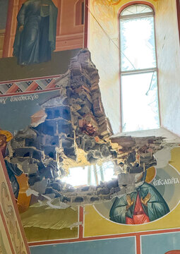 War damages on Nikolo Vasilyevsky Monastery, Donetsk Oblast, Nikolskoye, Ukraine