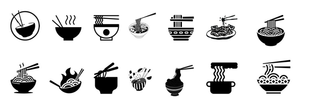 A collection of black and white silhouette icons representing various styles of noodle soup dishes