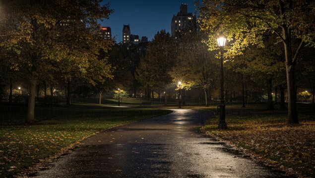 Nighttime urban park pathway illuminated by streetlights, with wet pavement reflecting light after rain. Autumn trees with fallen leaves surround the winding path, while distant city buildings glow so