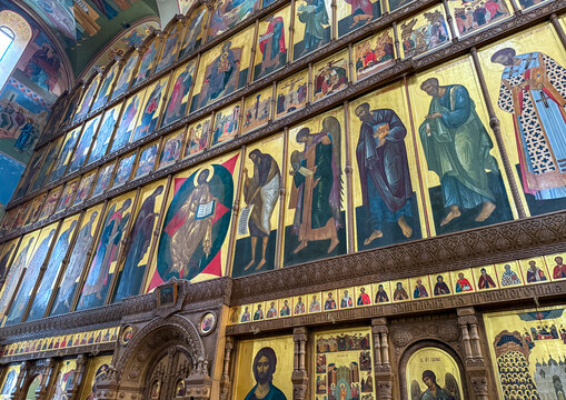 Iconostasis with paintings inside Nikolo Vasilyevsky Monastery, Donetsk Oblast, Nikolskoye, Ukraine