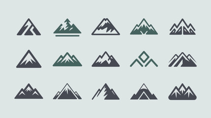 A collection of minimalistic mountain range icons is displayed in varying shades of green and black against a light gray background high quality professional detailed modern