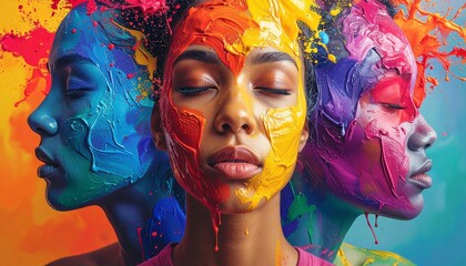 Obraz premium Vibrant colorful faces of women showcase emotions through paint