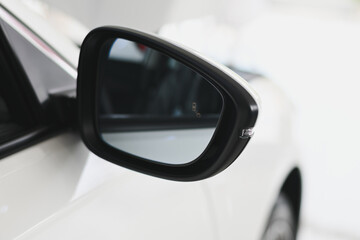 A white and black side-view mirror of a car.